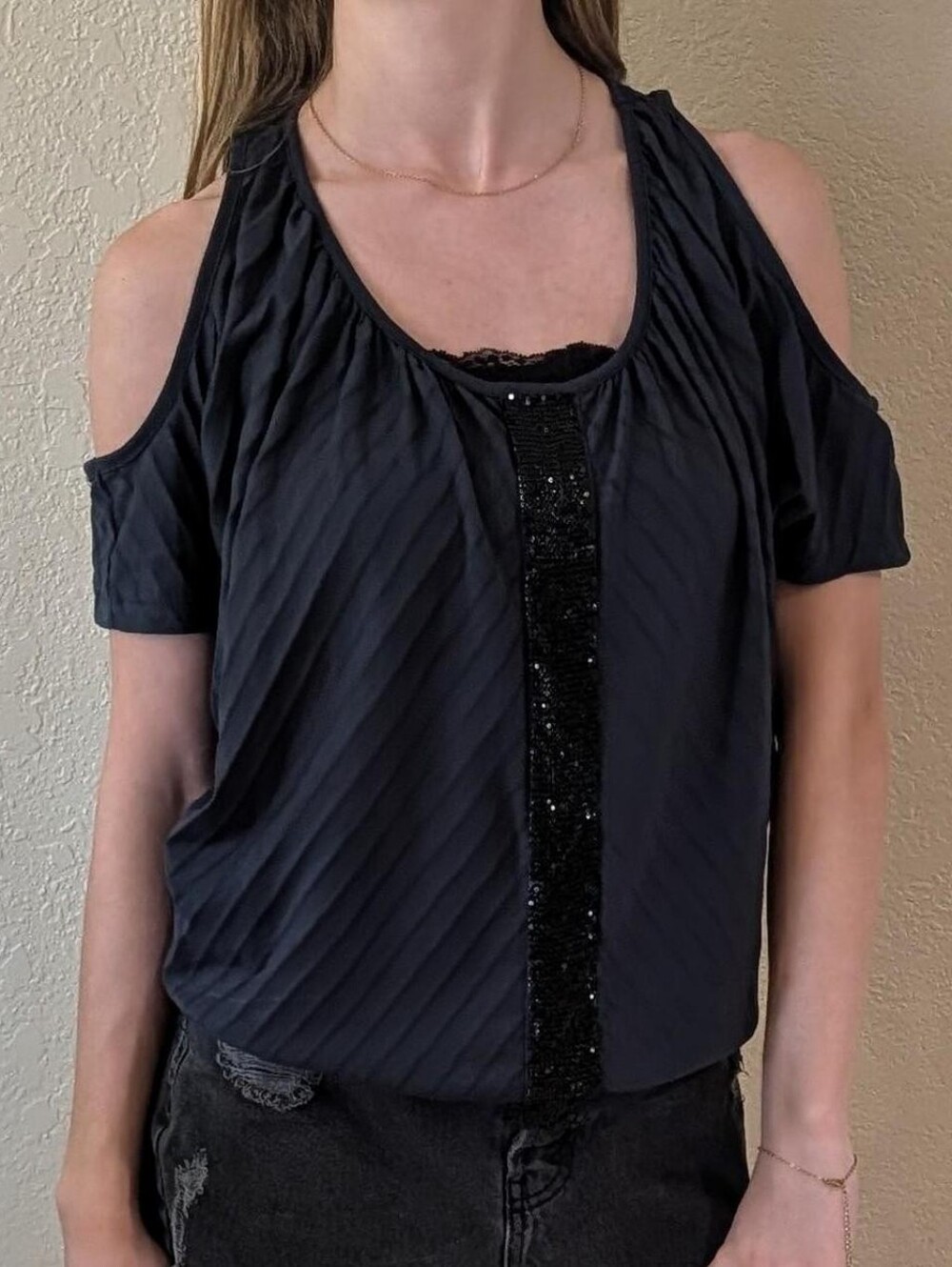 Cynthia Rowley Black Cold-Shoulder Top with Chain Mail Center Trim
